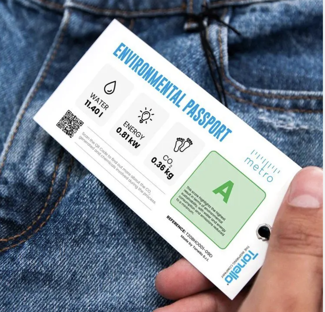 Environmental Passport - Sustainability metrics showing water usage, energy consumption, and CO2 footprint