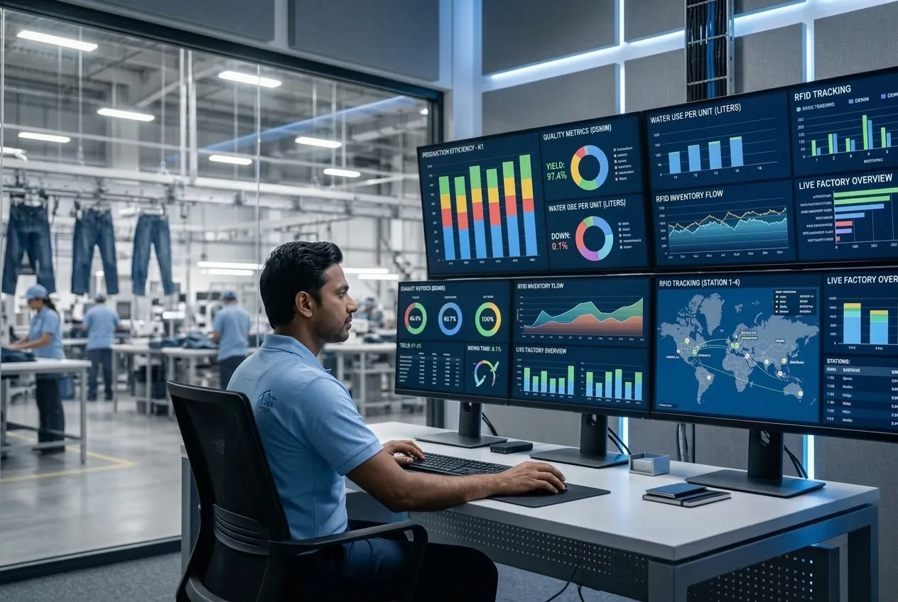 Bluback Denim live production dashboard showing real-time analytics screens with production metrics, efficiency charts, capacity monitoring, and performance KPIs