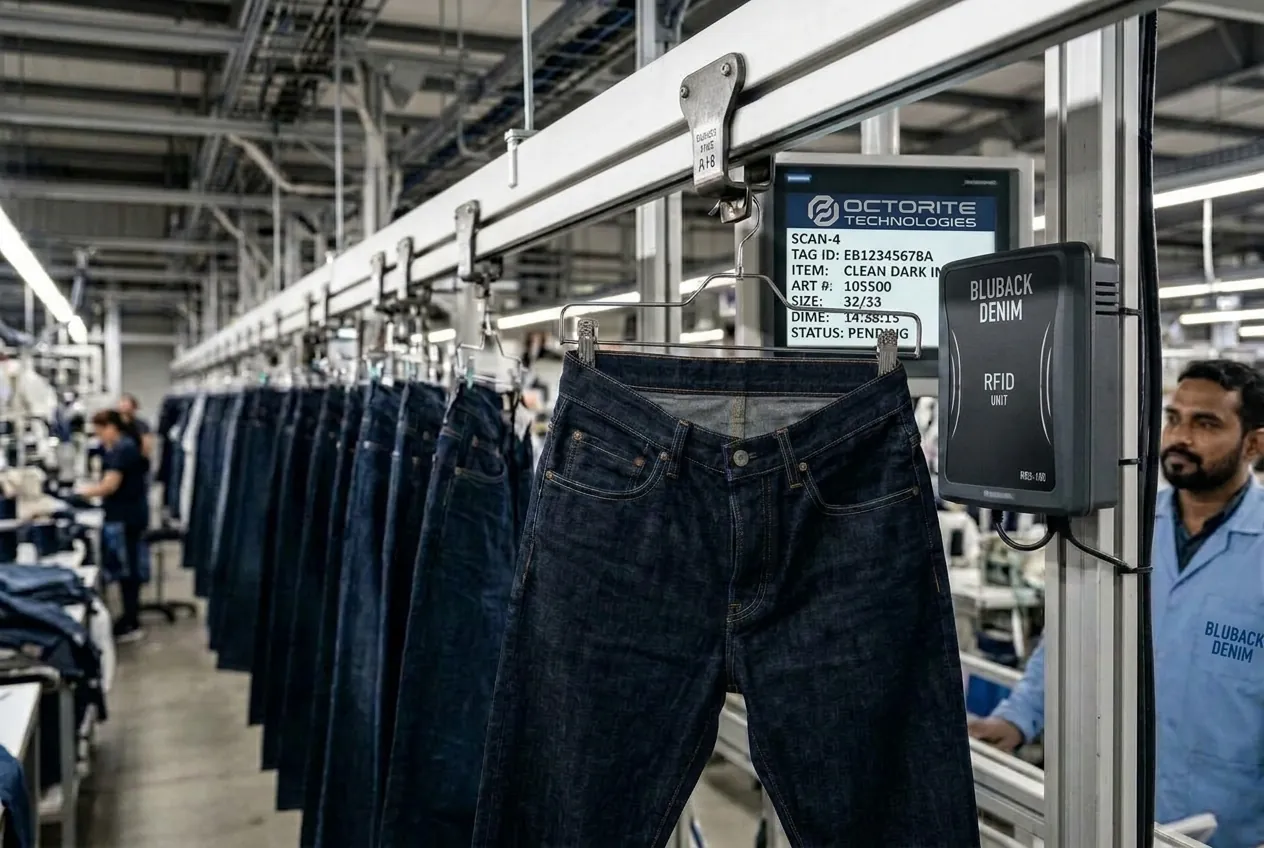 Bluback Denim RFID tracking system showing handheld scanner scanning denim jeans with RFID tags, automated garment conveyor with tunnel scanner, and real-time production analytics dashboards