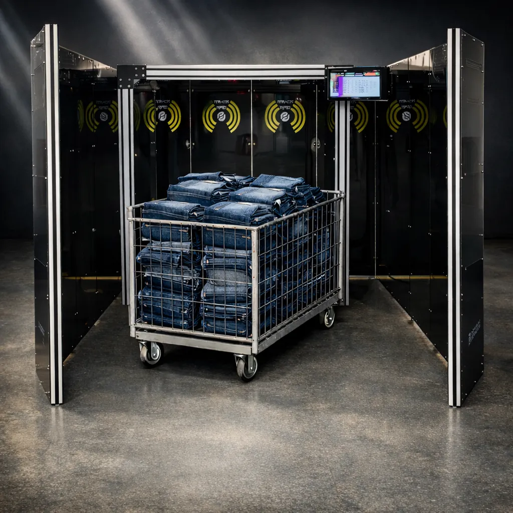 RFID tunnel scanner with cart of folded denim jeans passing through automated tracking gateway with yellow signal indicators at Bluback Denim facility