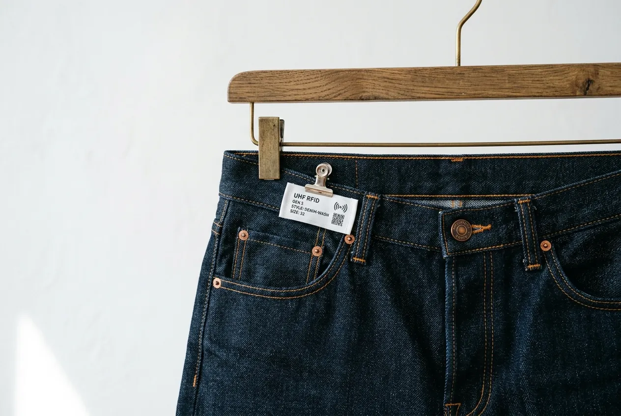 Premium denim jeans with small UHF RFID textile tag for smart factory tracking