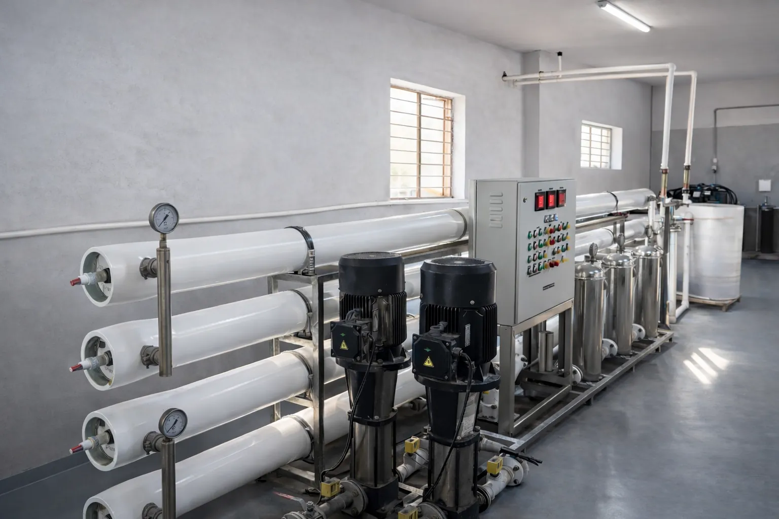 Reverse Osmosis water purification plant at Bluback Denim facility showing white cylindrical RO membrane vessels, high-pressure pumps, control panel with digital displays, and stainless steel storage tanks for 90% water recycling